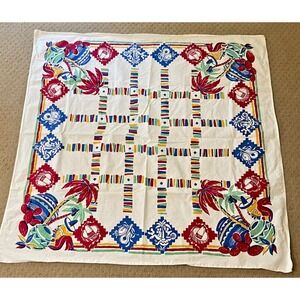 Vintage Mexican Tablecloth Sombreros‎ Guitars 47" X 47" Cotton Screenprint Palm